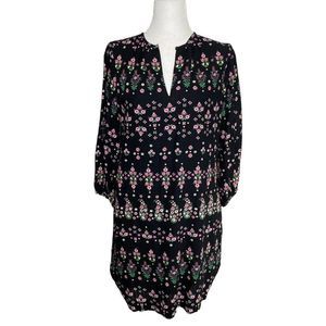 ANN TAYLOR Dress Black Pink Floral Cottage Core Shift Dress Split Neck